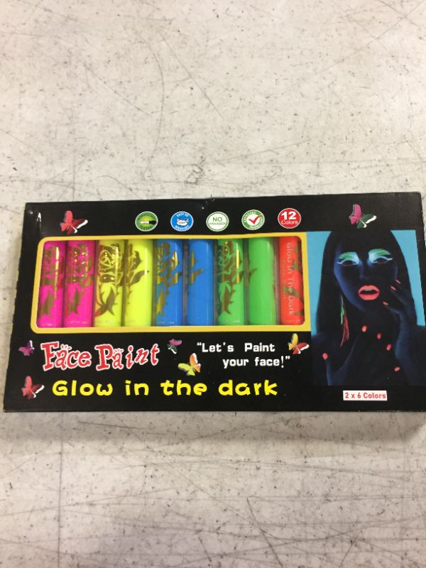 Photo 2 of 12 Pcs Glow in The Black Light Face Body Paint, UV Black Light Glow Crayons Neon Fluorescent Face Painting Makeup Kit for Halloween Club Makeup Xmas Glow Party (6 Color)