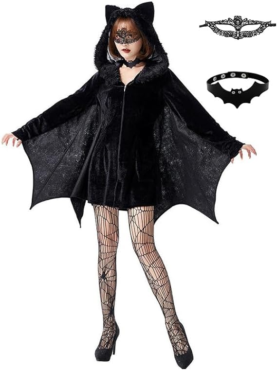 Photo 1 of KOJOOIN Women's Halloween Costume Bat Swing Jumpsuits Velvet Romper Zip Hooded Cozy Costumes with Accessories(Mask & Choker)- SIZE XXL
