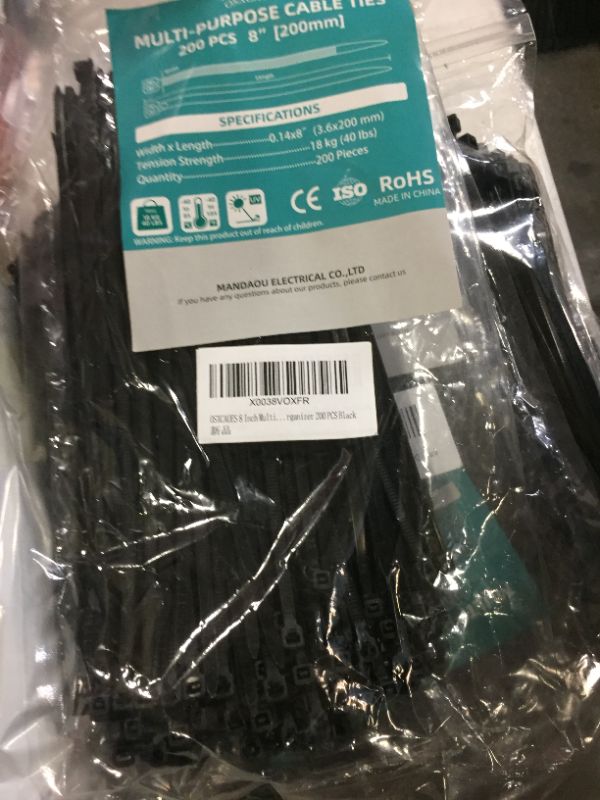 Photo 2 of 200 PCS Cable Zip Ties BLACK  8 Inch x 0.1 Inch Width Self Locking Nylon Tie Wraps