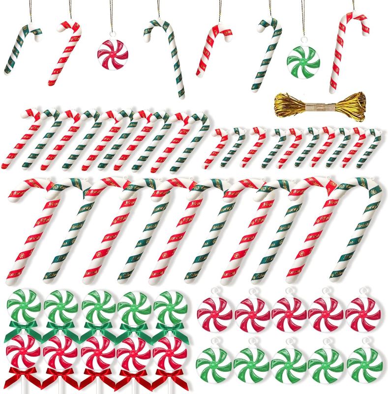 Photo 1 of 50PCS Candy Cane Christmas Tree Decorations Red and Green Candy Christmas Tree Hanging Ornaments, 3 Styles Plastic Candy CaneThemed Christmas Tree Ornaments for Xmas Party Christmas Home Decoration

