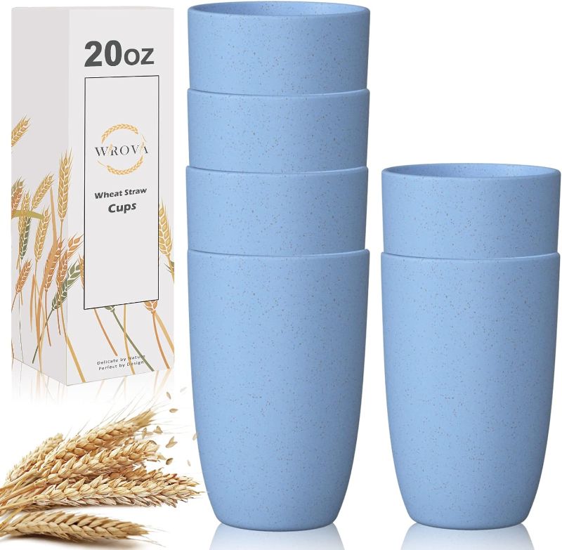 Photo 1 of Wrova Wheat Straw Cups 6 PCS Good Alternative to Plastic Reusable Cups 20 oz Unbreakable Drinking Cup Reusable Dishwasher Safe Water Plastic Glasses Sky Blue
