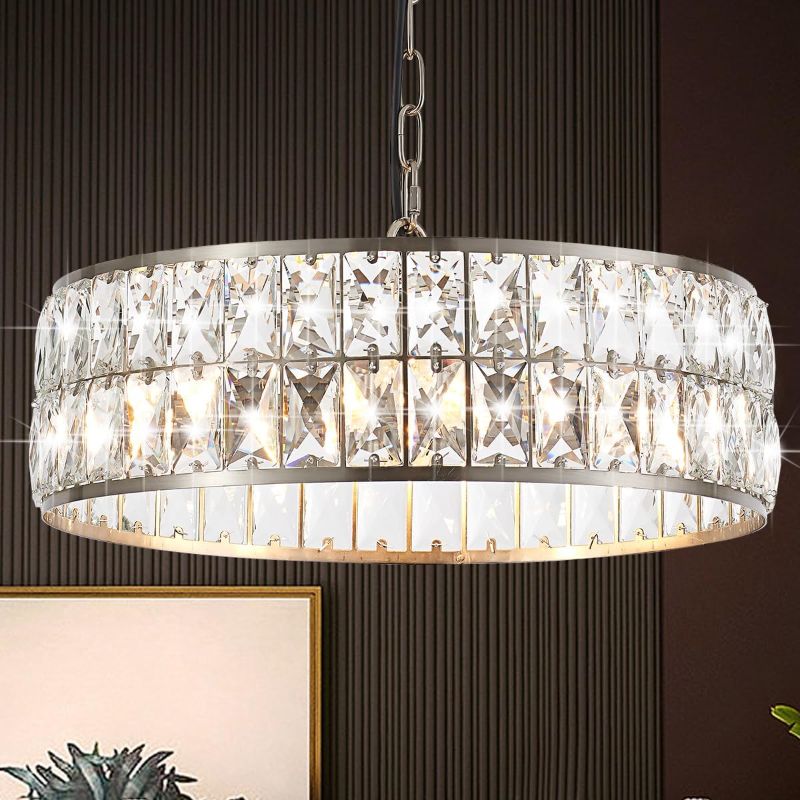 Photo 1 of 16” 4-Light Modern Crystal Chandeliers Nickel Dinning Room Light Fixture, Round Pendant Light Kitchen Island Chandelier, Flush Mount Ceiling Light for Living Room Entryway Bedroom Foyer
