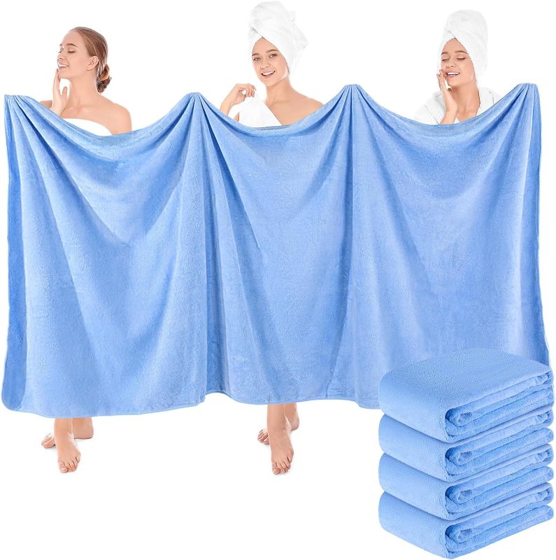 Photo 1 of 4 Pcs Oversized Fleece Bath Towels, 40 x 80 Inch Bath Sheets Extra Large Microfiber Coral Velvet Highly Absorbent Towels 350GSM High Density Towel for Adults Home Bath Beach Hotel SPA (Blue)
