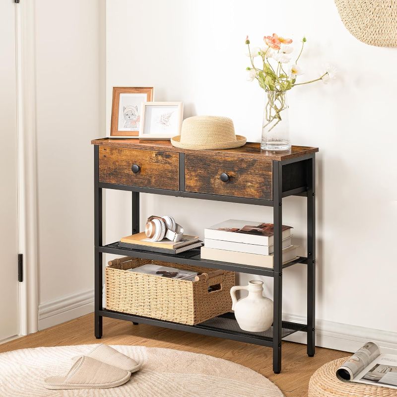 Photo 1 of 29.5" Narrow Console Table with 2 Fabric Drawers, Small Entryway Table with 3-Tier Storage Shelves, Thin Sofa Table, Side Table, for Living Room, Hallway, Rustic Brown and Black BF72XG01
