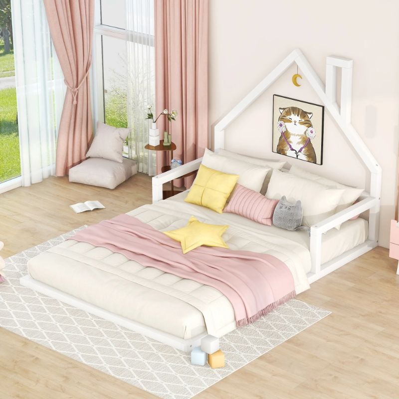 Photo 1 of ZNTS Full Size Wood Floor Bed with House-shaped Headboard, White WF304146AAK
