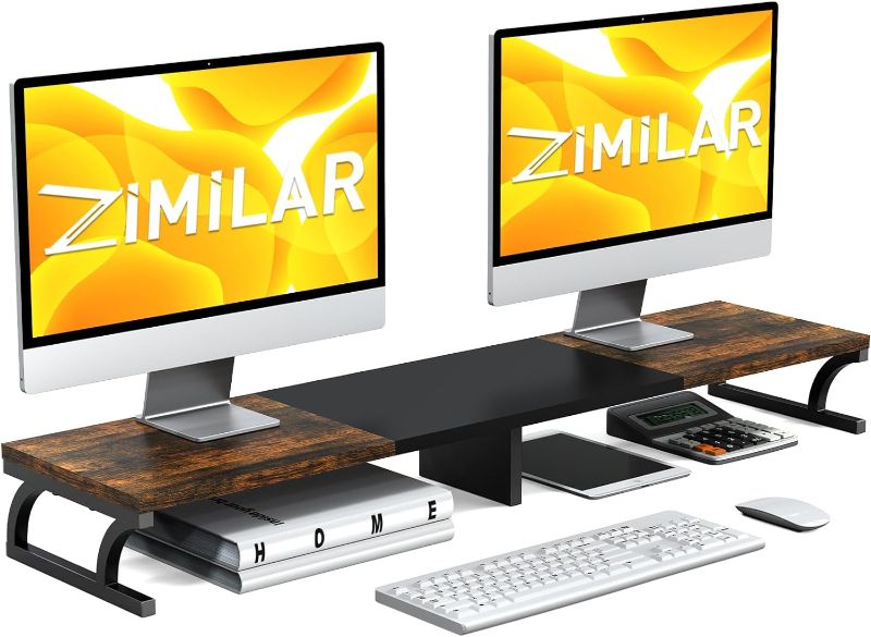 Photo 1 of Zimilar Dual Monitor Stand Riser, Large Monitor Stand for Desk, Wood Monitor Riser with Storage for Home Office, Monitor Stands for 2 Monitors, Desktop Organizer Stand for Computer,Laptop,Printer
