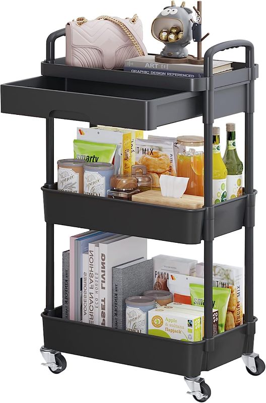 Photo 1 of 3-Tier Rolling Utility Cart with Drawer,Multifunctional Storage Organizer with Plastic Shelf & Metal Wheels,Storage Cart for Kitchen,Bathroom,Living Room,Office,Black
