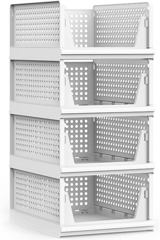 Photo 1 of 4 Pack Stackable Plastic Storage Basket for Closet Wardrobe Organizer and Storage Bin Sweater Drawer Shelf Storage Container for Cupboard Kitchen Bathroom Office Bedroom (4L)
