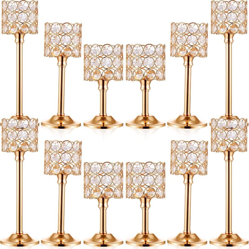 Photo 1 of 12 Pieces Crystal Candle Holders Set 3 Sizes Tall Crystal Wedding Candlestick Holders Pillar Candelabra Stand for Table Centerpieces for Christmas Party Wedding Dining Decoration (Gold)
