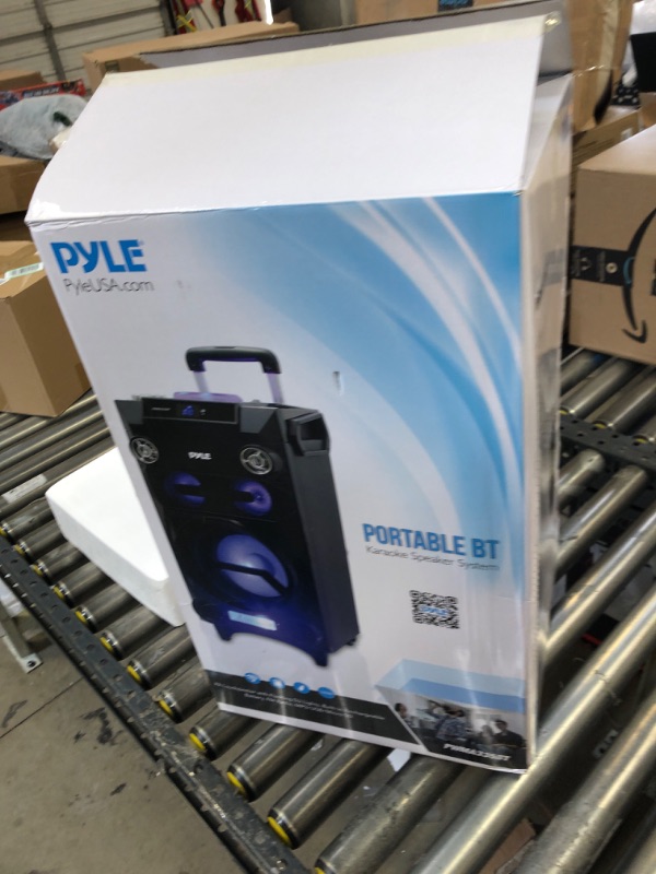 Photo 2 of Pyle Outdoor Portable Wireless Bluetooth Karaoke PA Loud speaker - 8'' Subwoofer Sound System with DJ Lights, Rechargeable Battery, FM Radio, USB / Micro SD Reader, Microphone, Remote - PWMA335BT