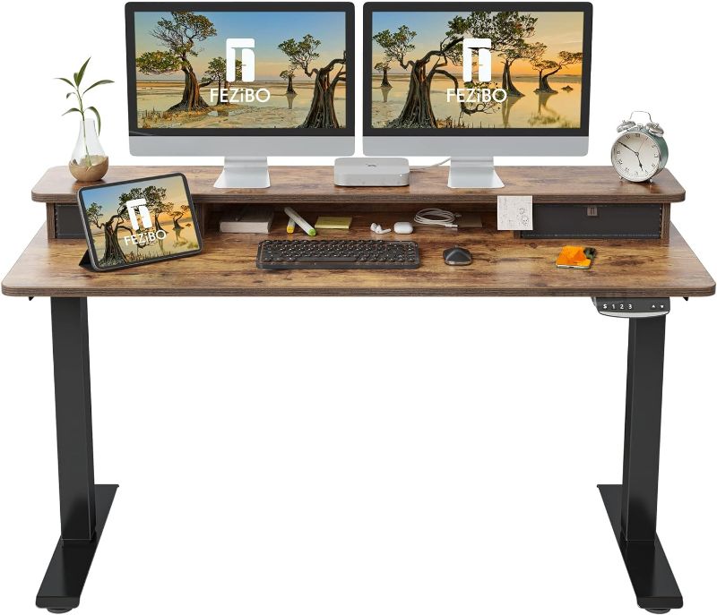 Photo 1 of FEZIBO 55 x 24 Inch Height Adjustable Electric Standing Desk with Double Drawer, Stand Up Desk with Storage Shelf, Sit Stand Desk, Rustic Brown
