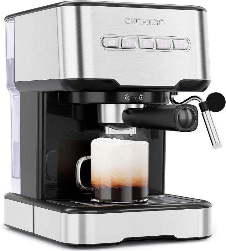 Photo 1 of Chefman 6-in-1 Espresso Machine with Steamer, One-Touch Single or Double Shot Maker, Coffee Cappuccino Machine, Latte Built-In Milk Frother Stainless Steel
