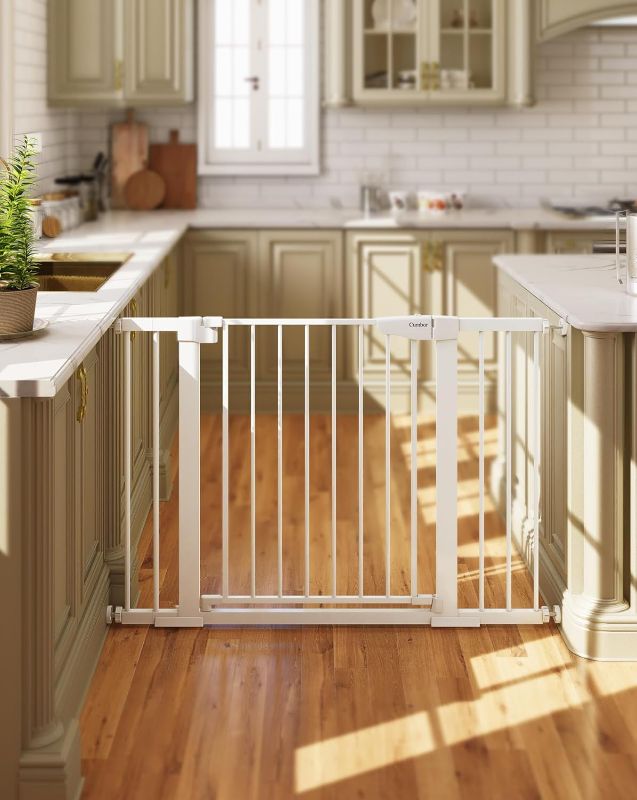 Photo 1 of Cumbor 29.7-46" Baby Gate for Stairs, Mom's Choice Awards Winner-Auto Close Dog Gate for the House, Easy Install Pressure Mounted Pet Gates for Doorways, Easy Walk Thru Wide Safety Gate for Dog, White
