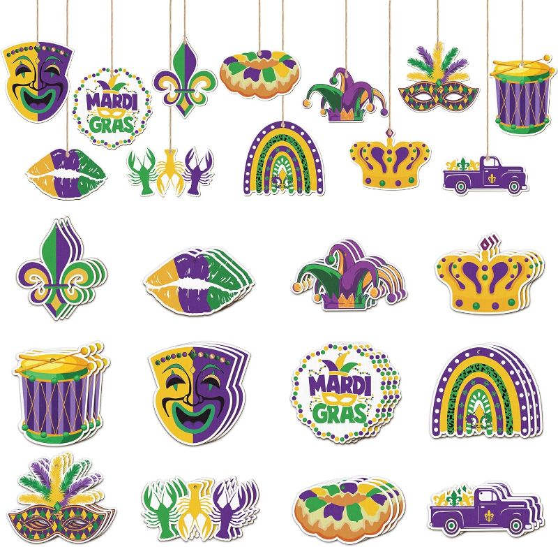 Photo 1 of 36 Pcs Mardi Gras Ornaments Decorations, Wooden Mardi Gras Hanging Ornaments Purple Yellow Green Carnival Masquerade Tree Ornaments Crown Mask Wooden Ornaments for Carnival Holiday Party Decor
