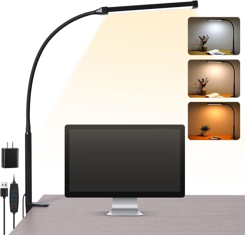 Photo 1 of LED Desk lamp with Clamp, Eye-Caring Clip on Lights for Home Office, 3 Modes 10 Brightness, Long Flexible Gooseneck,Metal, Swing Arm Architect Task Table Lamps with USB Adapter, Black
