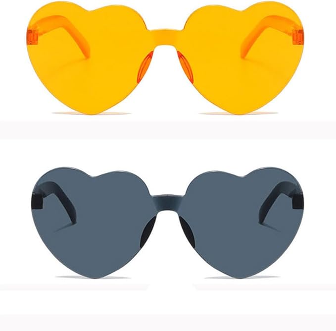 Photo 1 of 2 Pieces Heart Shape Sunglasses, Rimless Candy Color Sunglasses Transparent Love Eyewear for Halloween Dress Up (Black-Orange)

