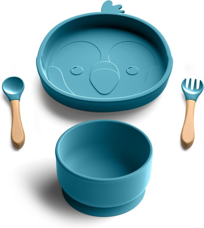 Photo 1 of Baby Silicone Feeding Set, 4pcs | Baby Suction Plate & Suction Baby Bowl, Self Feeding Toddler Fork and Spoon Set with Wood Handles, Training | BPA-Free Baby Led Weaning Supplies | Dark Blue
