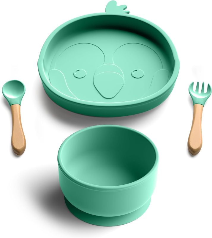 Photo 1 of Baby Silicone Feeding Set, 4pcs | Baby Suction Plate & Suction Baby Bowl, Self Feeding Toddler Fork and Spoon Set with Wood Handles, Training | BPA-Free Baby Led Weaning Supplies | Green
