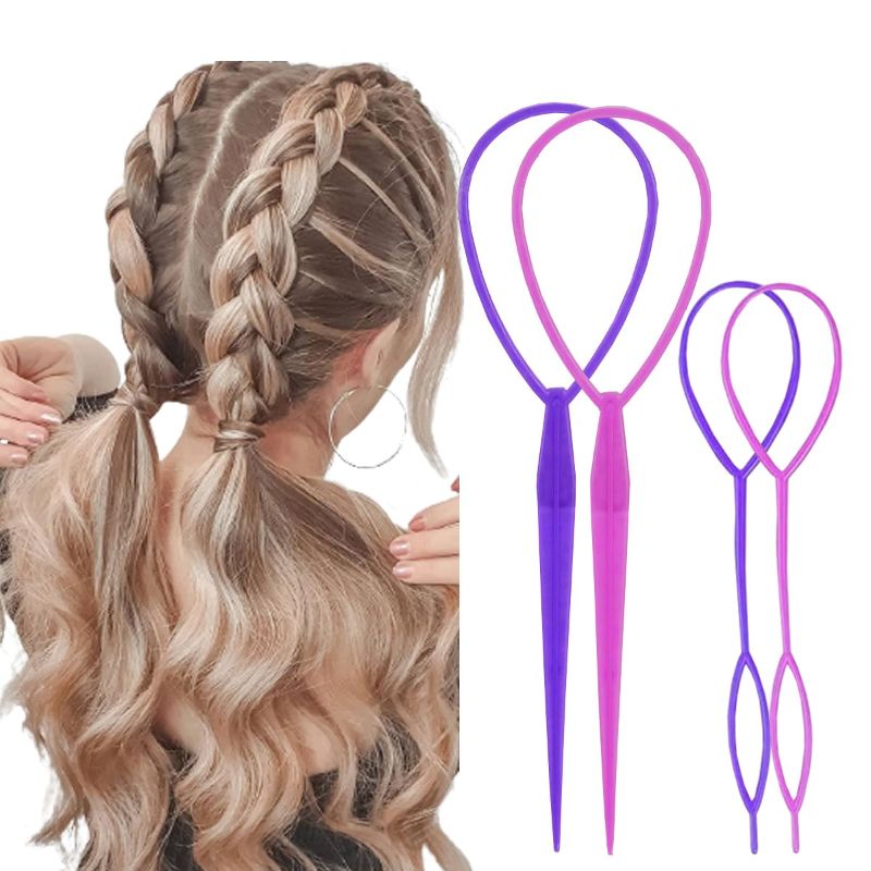 Photo 1 of 2 PACK--Topsy Tail Hair Tool Hair Pull Through Tool Hair Loop Styling Tool - Ponytail Maker French Braid Loop (pink+purple)
