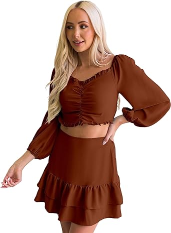 Photo 1 of  luvamia 2023 Two Piece Outfits for Women Summer Tiered Skirt Sets 2 Pieces with Shorts Ruched Top Romper Matching Set
