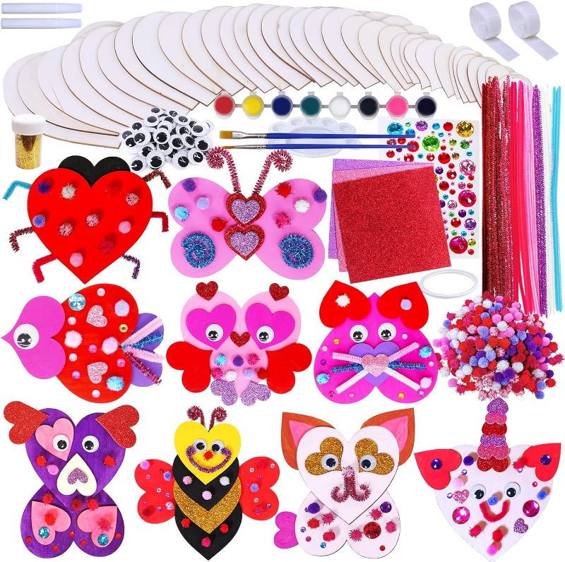 Photo 1 of 18 Sets Valentine Wood Painting Craft Kits Wooden Heart Animal Ornaments Art Sets DIY Wood Heart Owl Dog Cat Butterfly Bee Owl Llama Unicorn Creativity Decoration for Kids Valentine Spring Party Favor
