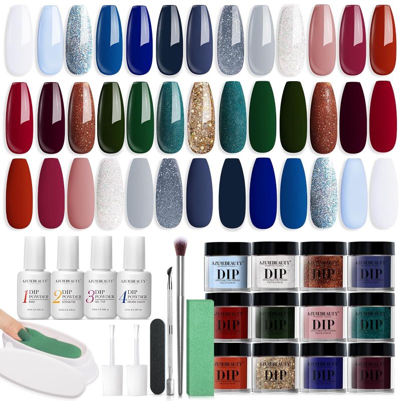 Photo 1 of AZUREBEAUTY 31Pcs Dip Powder Nail Kit Starter, Fall Winter Red Green Glitter Dark Blue 20 Colors Dipping Powder Liquid Set with Top/Base Coat Activator for French Nails Art DIY Salon Christmas Gift
