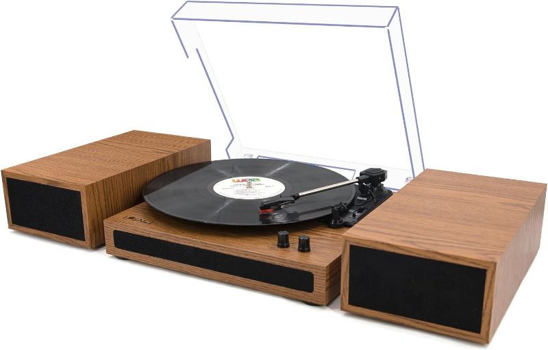 Photo 1 of LP&No.1 Record Player, Wireless Turntable with Stereo Bookshelf Speakers,Vinyl Record Player,Support Wireless,Auto-Stop.(Yellow Wood)
