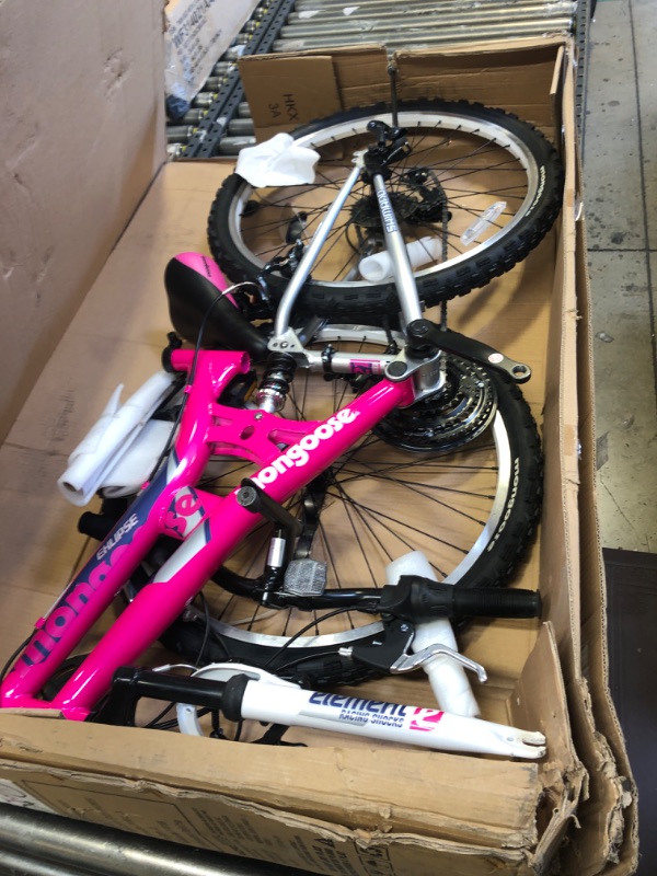 Photo 2 of Mongoose Exlipse Full Dual-Suspension Mountain Bike for Kids, Featuring 15-Inch/Small Steel Frame and 21-Speed Shimano Drivetrain with 24-Inch Wheels, Kickstand Included, Pink Bike + Bike Helmet