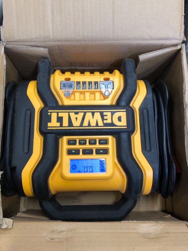 Photo 2 of DEWALT DXAEPS14 1600 Peak Battery Amp 12V Automotive Jump Starter/Power Station with 500 Watt AC Power Inverter, 120 PSI Digital Compressor, and USB Power , Yellow