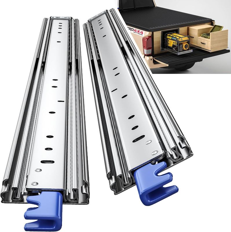 Photo 1 of 1 Pair Heavy Duty Drawer Slides 48 Inch with Lock Full Extension Ball Bearing Locking Industrial Drawer Slides 3 inch Wide -LONTAN 3 Section Drawer Tracks and Runners 250 lb Load Capacity Side Mount With Lock 48 Inch