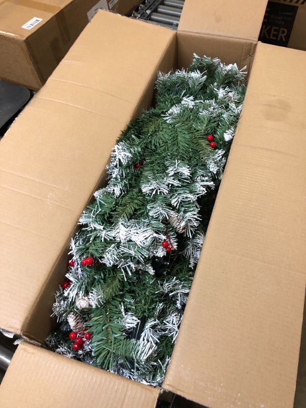 Photo 3 of 6ft Pre-Lit Pre-Decorated Pine Hinged Artificial Christmas Tree w/ 936 Flocked Frosted Tips,60 Pine Cones and 60 Hawthorn Berries, 516 Lights, Metal Base
