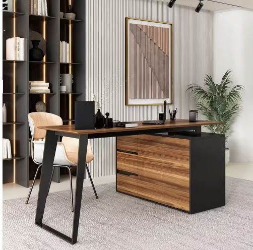 Photo 1 of 54.3 in. Reversible L-Shaped Brown Wood Writing Desk Office Workstation With Adjustable Shelves, Drawers, Doors Cabinet
