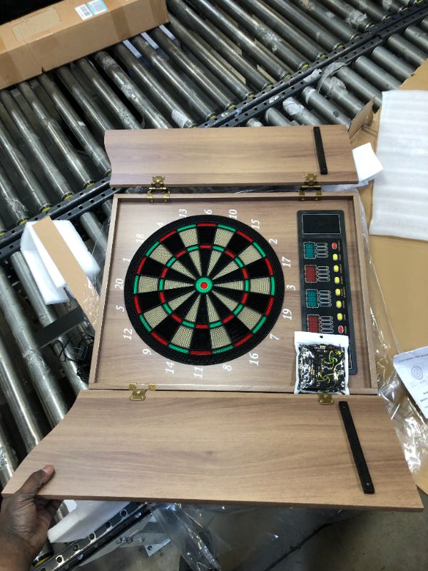 Photo 1 of Hanbramo Dart Board, Decorative Dart Board Cabinet Set [12*Soft Tip Darts], Electronic Dart Board - Wooden Cabinet Doors with Integrated Scoreboard for Family Game Rooms [Apricot] retro
