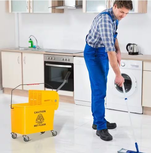 Photo 1 of 5 Gal. Yellow Plastic Steel Janitor Mop Bucket with Down Press Wringer and Wheels
