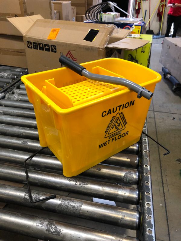 Photo 2 of 5 Gal. Yellow Plastic Steel Janitor Mop Bucket with Down Press Wringer and Wheels
