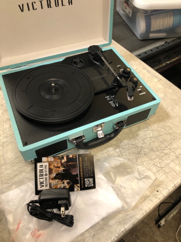 Photo 3 of Victrola Vintage 3-Speed Bluetooth Portable Suitcase Record Player with Built-in Speakers | Upgraded Turntable Audio Sound| Includes Extra Stylus | Turquoise, Model Number: VSC-550BT(BROKEN LOCK)