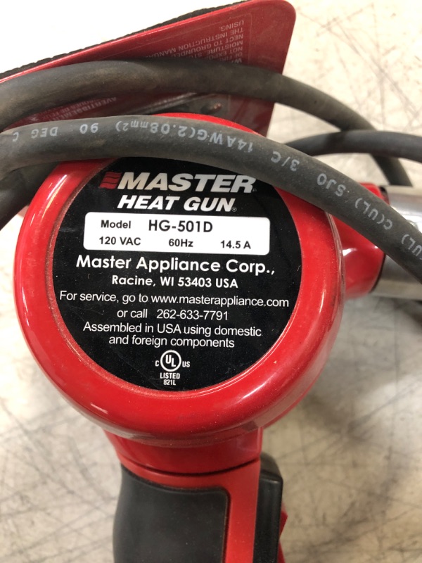 Photo 4 of Master Appliance HG-501D Industrial Heat Gun, Quick Change Plug-In Heating Element, 1200F, 120V, 1740W, 14.5 Amps, Assembled In USA HG-501D, 120V (USED, UNABLE TO TEST)