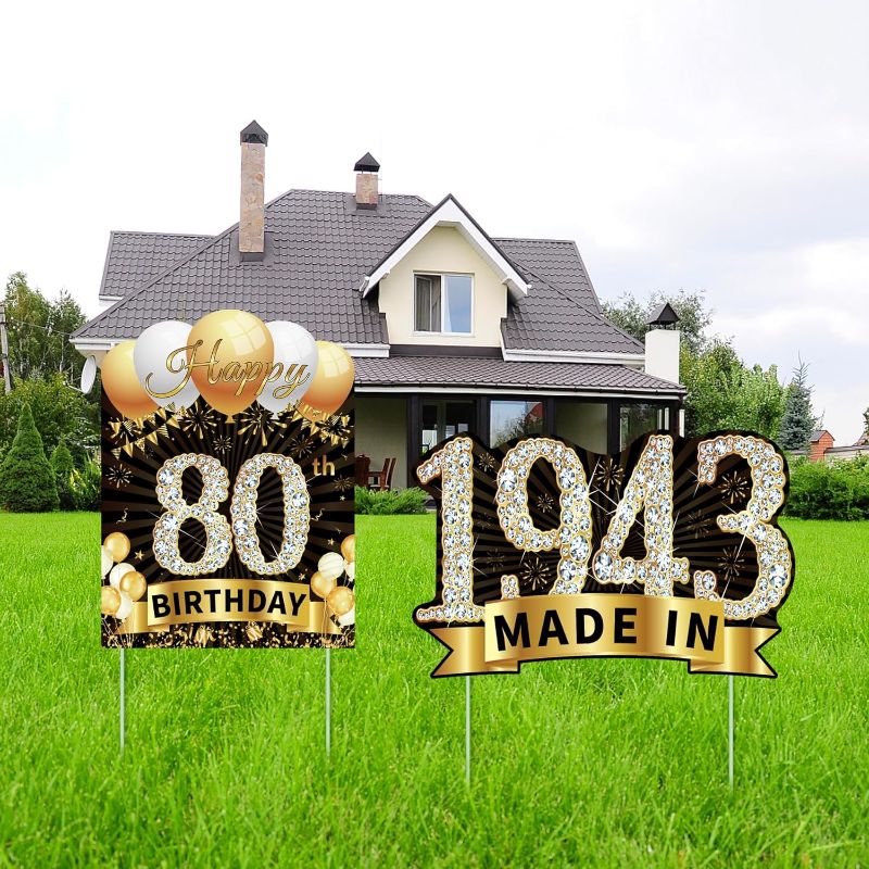 Photo 1 of 2Pcs 80th Birthday Yard Sign Decorations - Happy 80th Birthday Yard Sign & Made in 1943 Lawn Sign, Funny Black Gold Yard Signs with Stakes for Grandma & Grandpa, Outdoor Backyard Party Decor
