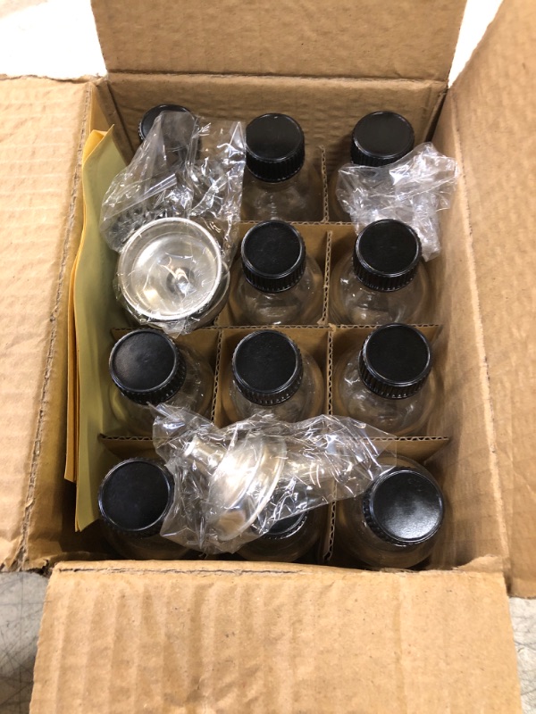 Photo 3 of 12, 2 oz Small Clear Glass Bottles (60ml) with Lids & 3 Stainless Steel Funnels - Boston Round Sample Bottles for Potion, Juice, Ginger Shots, Oils, Whiskey, Liquids - Mini Travel Bottles, NO Leakage