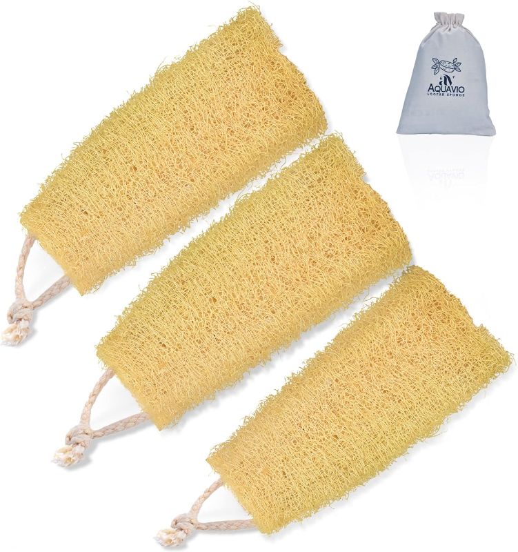 Photo 1 of AQUAVIO Bath Sponge Shower Body Scrubber – 3-Piece Natural Exfoliating Loofah for Smooth Silky Skin – Bath Body Scrubber with Hanging String – Gentle and Safe Sponge for Shower Removes Dead Skin Cells
