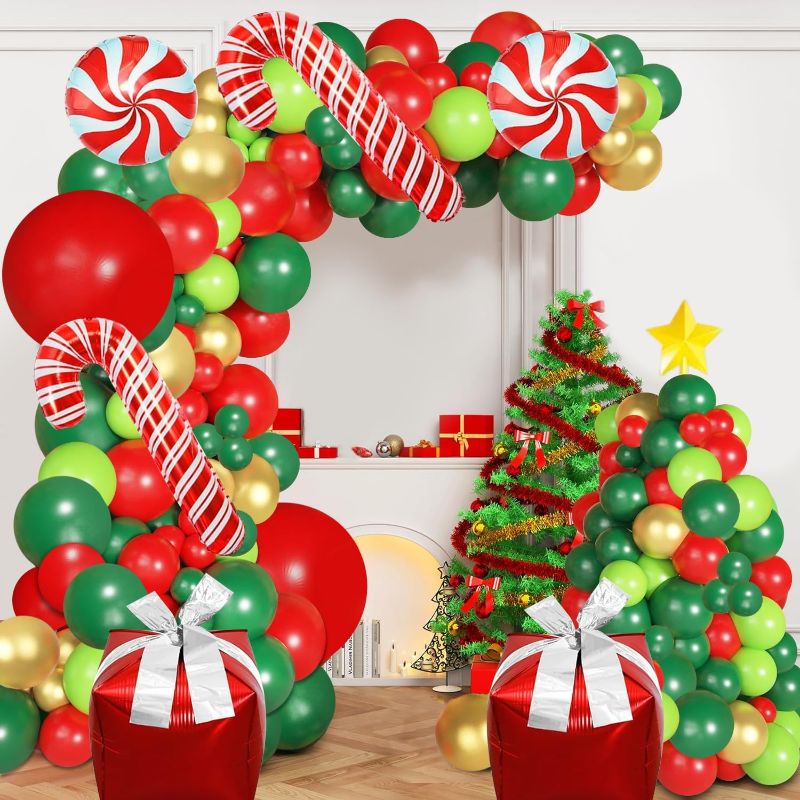 Photo 1 of 158Pcs Christmas Balloon Garland Arch Kit,Red Green Gold Christmas Ballons Arch with Christmas Red White Candy Balloons Gift Box Balloons Cane Balloons for Xmas Party Decorations
