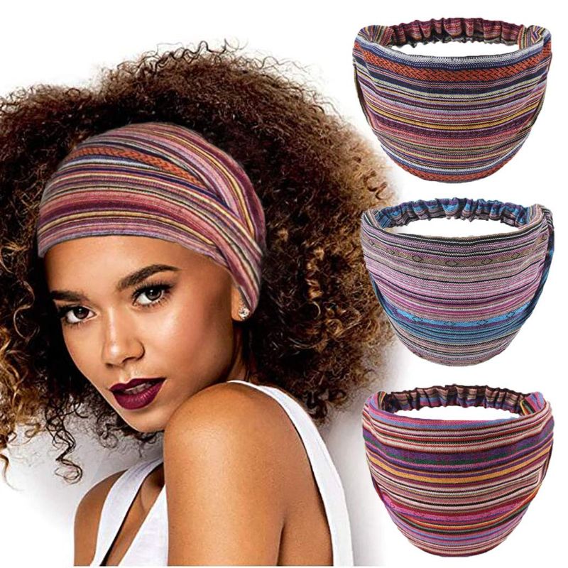 Photo 1 of CAKURE Boho Wide Headbands African Head Wraps Stretchy Hairbands Stripe Turban Head Bands for Women and Girls Pack of 3 (Set1)
