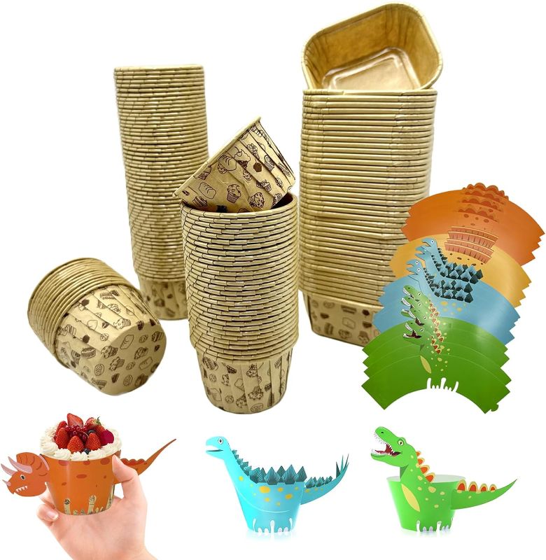 Photo 1 of 150pcs Cupcake Liners sets(100pcs round,50pcs rectangular or 50pcs oval),Baking Wrapping Packaging Cups,Heavy Duty Greaseproof Wrappers,12 pcs Cartoon dinosaur style cup holder. (Paper-Changfang)
