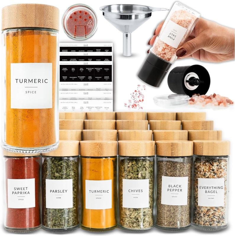 Photo 1 of 24 Glass Spice Jars with Label, Round Bamboo Spice Jar Set 4oz Seasoning Containers with Labels, Salt Grinder, 374 Spice Labels, Spice Bottles Funnel Empty Spice Jars with Shaker Lids Spice Containers
