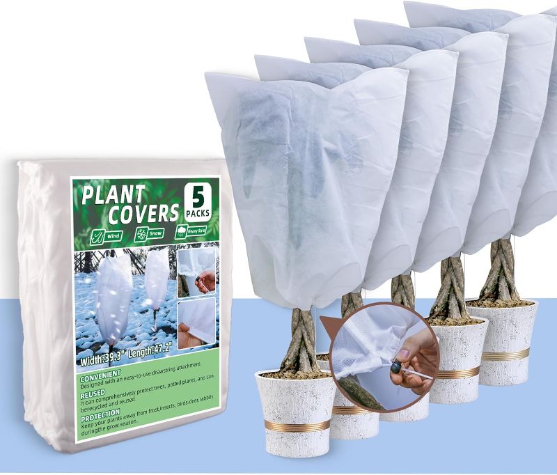 Photo 1 of CJGQ 5Pack 2.2oz Plant Covers Freeze Protection, 47.2" X 39.3" Frost Cloth Plant Freeze Protection Plant Shrub Jacket with Drawstring for Winter, Frost Blankets Covers for Outdoor Plants Tree Potted
