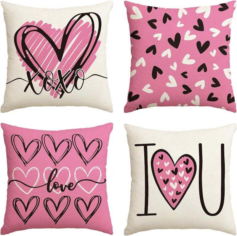 Photo 1 of AVOIN colorlife I Love U XOXO Valentine Hearts Pink Throw Pillow Covers, 20 x 20 Inch Love Wedding Cushion Case Decoration for Sofa Couch Set of 4
