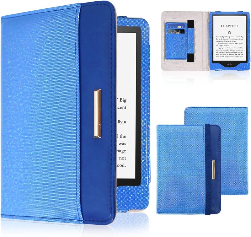 Photo 1 of DMLuna Kindle Paperwhite Case, Fits 11th Generation 2021, 6.8”, Smart Protective Durable Premium PU Leather Cover with Auto Sleep Wake, Hand Strap, Card Slots, Magnetic Clasp, Royal Blue Sparkly
