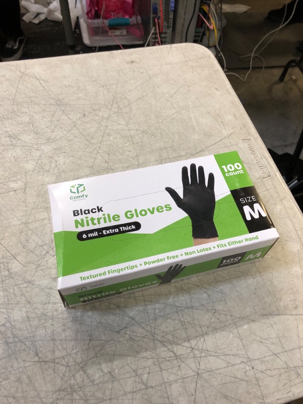 Photo 2 of [100 Count] Black Nitrile Disposable Gloves 6 Mil. Chemical Resistance, Latex & Powder Free, Textured Fingertips Gloves 100 Medium (Pack of 100)