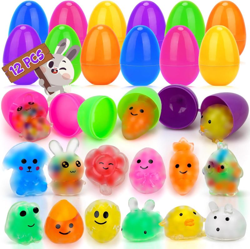 Photo 1 of Easter Egg Fillers for Kids, Easter Basket Stuffers for Boys Girls, 12 PCS Easter Baskets for Kids with Squishy Toys, Easter Eggs Toys for Gift Party Favors
