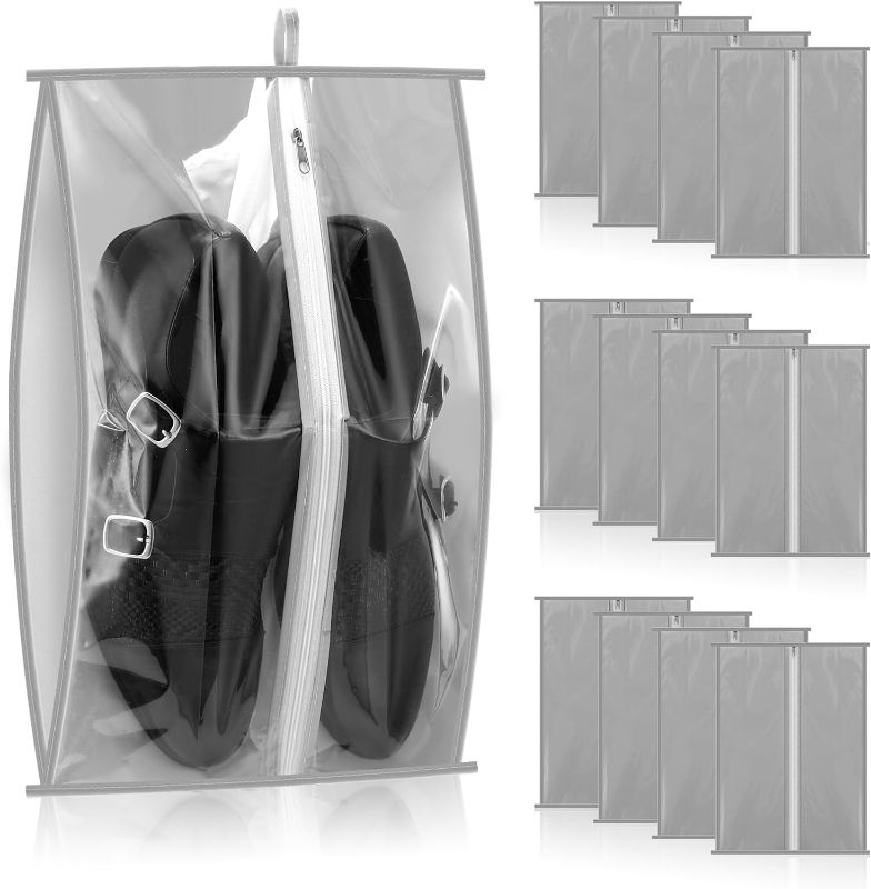 Photo 1 of 12 Pcs Large Shoe Bags for Travel Waterproof Shoe Bag with Zipper and Handle Dust Shoe Storage Pouch 15.75 x 11.81" (Gray,PEVA)
